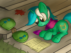 Size: 1474x1113 | Tagged: dead source, safe, artist:mostlyponyart, character:lyra heartstrings, species:pony, species:unicorn, autumn, book, clothing, female, leaf, prone, reading, saddle bag, scarf, smiling, solo