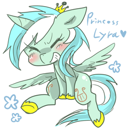 Size: 600x600 | Tagged: safe, artist:kyubi, character:lyra heartstrings, species:alicorn, species:pony, alicornified, blushing, crown, cute, eyes closed, female, grin, lyrabetes, lyracorn, pixiv, princess, race swap, simple background, smiling, solo, spread wings, white background, wings
