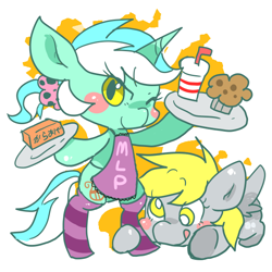 Size: 600x600 | Tagged: safe, artist:kyubi, character:derpy hooves, character:lyra heartstrings, species:pony, alternate hairstyle, apron, bipedal, clothing, muffin, pixiv, ponytail, socks, striped socks, wink