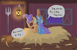 Size: 1322x857 | Tagged: safe, artist:kudalyn, character:applejack, character:trixie, species:earth pony, species:pony, species:unicorn, accessory swap, barn, crack shipping, dialogue, female, hay, lantern, lesbian, mare, night, shipping, sitting, tripplejack