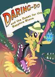 Size: 1437x2032 | Tagged: safe, artist:the-orator, character:daring do, species:pegasus, species:pony, g4, book cover, clothing, cover, crocodile, female, hat, mare, photoshop, pith helmet, sapphire statue, vine, water