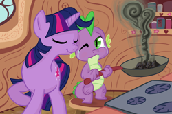 Size: 1078x715 | Tagged: safe, artist:gingermint, artist:icekatze, character:spike, character:twilight sparkle, burned, comforting, crying, nuzzling