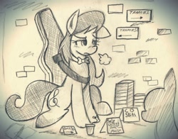 Size: 1280x1005 | Tagged: safe, artist:wirelesspony, character:octavia melody, breath, cd, cello, cup, monochrome, musical instrument, sad, sign, street performer