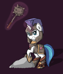 Size: 932x1093 | Tagged: dead source, safe, artist:spaerk, character:shining armor, species:pony, species:unicorn, armor, colt, glare, gritted teeth, looking at you, mace, magic, male, solo, telekinesis, warrior, weapon, younger