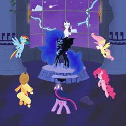 Size: 1500x1500 | Tagged: dead source, safe, artist:spaerk, character:applejack, character:fluttershy, character:nightmare moon, character:pinkie pie, character:princess luna, character:rainbow dash, character:rarity, character:twilight sparkle, character:twilight sparkle (unicorn), species:alicorn, species:earth pony, species:pegasus, species:pony, species:unicorn, episode:friendship is magic, g4, my little pony: friendship is magic, elements of harmony, female, mane six, scene interpretation