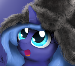 Size: 500x440 | Tagged: safe, artist:sonicrainboom93, character:princess luna, species:pony, clothing, cute, female, filly, hat, solo, woona