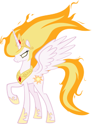 Size: 3658x4920 | Tagged: safe, artist:abydos91, character:princess celestia, species:alicorn, species:pony, lunaverse, artifact, blank eyes, crown, evil, female, glowing eyes, hoof shoes, jewelry, mane of fire, mare, peytral, prime celestia, raised hoof, regalia, simple background, solo, transparent background, vector, white eyes
