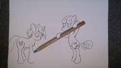 Size: 3552x1998 | Tagged: dead source, safe, artist:mostlyponyart, character:bon bon, character:lyra heartstrings, character:sweetie drops, species:earth pony, species:pony, species:unicorn, bipedal, blushing, creation, drawing, drawn into existence, duo, pencil, pencil drawing, photo, smiling, traditional art