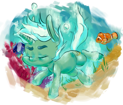 Size: 710x604 | Tagged: dead source, safe, artist:tweissie, character:lyra heartstrings, species:pony, species:unicorn, clownfish, eyes closed, female, fish, ocean, simple background, solo, swimming, thick eyebrows, transparent background, underwater, water
