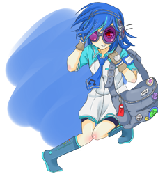 Size: 1165x1285 | Tagged: safe, artist:applestems, character:dj pon-3, character:vinyl scratch, species:human, boots, clothing, female, gloves, headphones, humanized, necktie, red eyes, shoes, shoulder bag, solo