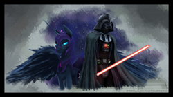 Size: 1920x1083 | Tagged: dead source, safe, artist:sonicrainboom93, character:nightmare moon, character:princess luna, species:alicorn, species:human, species:pony, crossover, darth vader, lightsaber, star wars