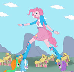 Size: 1931x1882 | Tagged: safe, artist:final7darkness, character:pinkie pie, oc, my little pony:equestria girls, boots, clothing, giantess, macro, ponyville, request, requested art, skirt, walking