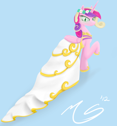 Size: 926x1000 | Tagged: safe, artist:ciscoql, character:princess cadance, character:queen chrysalis, species:alicorn, species:changeling, species:pony, blue background, changeling queen, clothing, disguise, disguised changeling, dress, fake cadance, female, frown, looking back, signature, simple background, smiling, solo, wedding dress