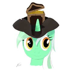 Size: 800x800 | Tagged: safe, artist:kasaler, character:lyra heartstrings, species:pony, species:unicorn, bust, chest, clothing, female, hat, mare, pirate, pirate hat, portrait, simple background, smiling, solo, team fortress 2, treasure chest, tricorne, white background