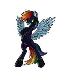 Size: 869x1026 | Tagged: safe, artist:myhysteria, character:rainbow dash, bipedal, clothing, corrupted, costume, goggles, grin, shadowbolt dash, shadowbolts, shadowbolts costume, simple background, smiling, smirk, transparent background