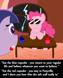 Size: 600x737 | Tagged: safe, artist:ultrathehedgetoaster, character:pinkie pie, character:twilight sparkle, dialogue, fourth wall, morpheus, parody, sunglasses, the matrix