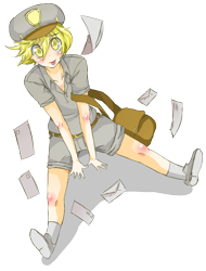Size: 1627x2139 | Tagged: safe, artist:applestems, character:derpy hooves, bag, blushing, clothing, female, hat, humanized, letter, mail, mailbag, messy, solo, tongue out, uniform