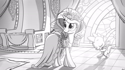 Size: 3555x2000 | Tagged: safe, artist:regolithx, character:rarity, character:spike, clothing, crown, dress, monochrome, stained glass, throne