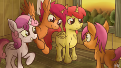 Size: 2418x1362 | Tagged: dead source, safe, artist:mostlyponyart, character:apple bloom, character:babs seed, character:scootaloo, character:sweetie belle, species:alicorn, species:pegasus, species:pony, alicornified, bloomicorn, chest fluff, cutie mark crusaders, frown, grin, race swap, scared, scootacorn, smiling, sweetiecorn, this will end in tears and/or death and/or covered in tree sap, unshorn fetlocks, xk-class end-of-the-world scenario