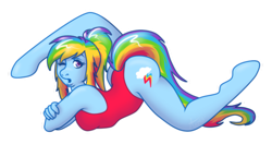 Size: 500x263 | Tagged: dead source, safe, artist:anzicorn, character:rainbow dash, species:anthro, species:unguligrade anthro, active stretch, backbend, clothing, contortionist, female, flexible, leotard, one-piece swimsuit, simple background, solo, swimsuit, transparent background, wingless, wingless anthro
