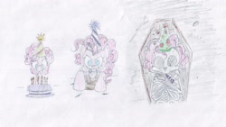 Size: 1920x1080 | Tagged: safe, artist:limeylassen, character:pinkie pie, species:earth pony, species:pony, cake, clothing, coffin, dead, death, female, filly, hat, mare, party, party hat, skeleton, traditional art, youtube