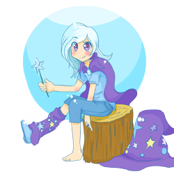 Size: 1500x1500 | Tagged: dead source, safe, artist:applestems, character:trixie, species:human, g4, barefoot, cute, diatrixes, feet, female, humanized, leg warmers, looking at you, simple background, sitting, solo, transparent background, wand