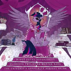 Size: 1000x1000 | Tagged: safe, artist:php15, character:twilight sparkle, character:twilight sparkle (alicorn), species:alicorn, species:pony, book, crown, elements of harmony, female, glorious master race, jewelry, mare, royalty, scepter, scroll, smug, smuglight sparkle, solo, throne, treasure, treasure chest, tyrant sparkle