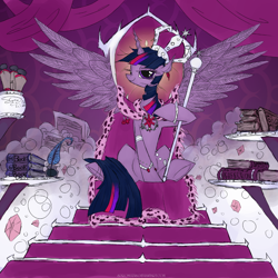 Size: 1000x1000 | Tagged: safe, artist:php15, character:twilight sparkle, character:twilight sparkle (alicorn), species:alicorn, species:pony, book, crown, elements of harmony, female, jewelry, mare, royalty, scepter, scroll, smug, smuglight sparkle, solo, throne, treasure, treasure chest, tyrant sparkle