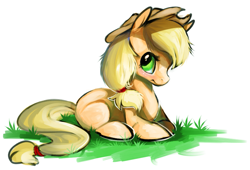 Size: 835x568 | Tagged: safe, artist:dand-e, character:applejack, female, grass, lying down, solo