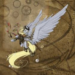 Size: 1531x1529 | Tagged: safe, artist:nastylady, character:derpy hooves, species:pegasus, species:pony, abstract background, big wings, clothing, epic derpy, female, goggles, mare, muffin, scarf, smiling, solo, steampunk, wings
