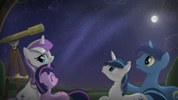 Size: 2560x1441 | Tagged: safe, artist:regolithx, character:night light, character:shining armor, character:twilight sparkle, character:twilight velvet, constellation, filly, filly twilight sparkle, happy, mare in the moon, moon, shooting star, stargazing, telescope