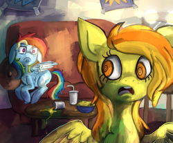 Size: 1047x865 | Tagged: safe, artist:terrac0tta, character:rainbow dash, character:spitfire, couch, drink, interior, surprised