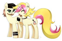 Size: 2125x1413 | Tagged: safe, artist:haydee, oc, oc only, oc:peach palette, oc:sifi, species:earth pony, species:pony, species:unicorn, clothing, couple, earring, female, flat cap, hat, male, mare, necklace, simple background, stallion, transparent, transparent background