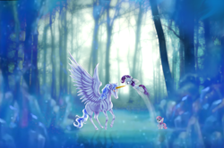 Size: 4920x3270 | Tagged: dead source, safe, artist:lova-gardelius, character:rarity, character:sweetie belle, species:alicorn, species:pony, species:unicorn, crossover, female, filly, forest, mare, sailor moon, spread wings, wings