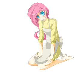 Size: 2500x2500 | Tagged: safe, artist:applestems, character:fluttershy, barefoot, clothing, cute, feet, female, humanized, kneeling, looking at you, open mouth, simple background, sitting, smiling, solo, sweater, sweater dress, sweatershy