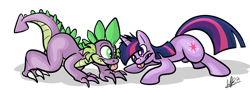 Size: 1280x461 | Tagged: safe, artist:secoh2000, character:spike, character:twilight sparkle, blep, older, teenage spike, tongue out