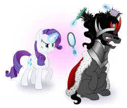 Size: 1992x1700 | Tagged: safe, artist:wolframclaws, character:king sombra, character:rarity, species:umbrum, annoyed, comb, glowing horn, magic, mirror, simple background, telekinesis, transparent background