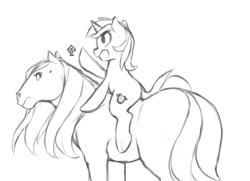 Size: 780x566 | Tagged: safe, artist:soulspade, character:lyra heartstrings, grayscale, horse, horse-pony interaction, monochrome, ponies riding horses, ponies riding ponies, riding