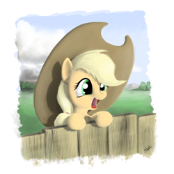 Size: 1200x1200 | Tagged: safe, artist:zlack3r, character:applejack, species:earth pony, species:pony, g4, clothing, cloud, cloudy, cute, featured on derpibooru, female, fence, filly, filly applejack, foal, happy, hat, jackabetes, leaning, mountain, open mouth, oversized hat, smiling, solo, tree, younger