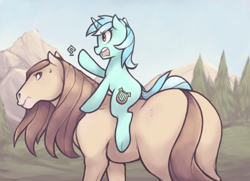 Size: 780x566 | Tagged: dead source, safe, artist:soulspade, character:lyra heartstrings, annoyed, frown, glare, horse, horse-pony interaction, looking back, open mouth, pointing, ponies riding horses, ponies riding ponies, riding, sweat, sweatdrop, underhoof