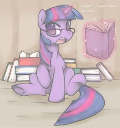 Size: 893x945 | Tagged: safe, artist:soulspade, character:twilight sparkle, character:twilight sparkle (unicorn), species:pony, species:unicorn, book, dialogue, female, glasses, levitation, magic, magic aura, mare, open mouth, reading glasses, sitting, solo, telekinesis