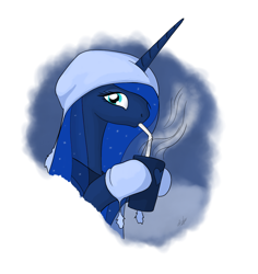 Size: 1088x1152 | Tagged: safe, artist:zlack3r, character:princess luna, species:alicorn, species:pony, g4, bust, clothing, drink, female, hat, horn, mare, mittens, portrait, solo