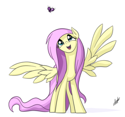 Size: 869x811 | Tagged: safe, artist:zlack3r, character:fluttershy, species:pegasus, species:pony, butterfly, female, gimp, happy, looking up, mare, simple background, solo, spread wings, white background, wings