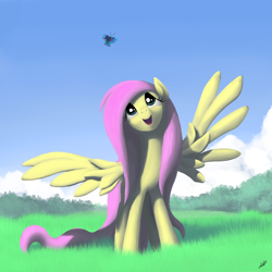 Size: 1770x1770 | Tagged: safe, artist:zlack3r, character:fluttershy, species:pegasus, species:pony, butterfly, female, grass, happy, looking up, mare, solo, spread wings, wings