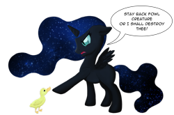 Size: 1024x675 | Tagged: safe, artist:iraincloud, character:nightmare moon, character:princess luna, species:duck, cute, female, filly, floppy ears, glare, nightmare woon, open mouth, pointing, pun, solo, spread wings, wings
