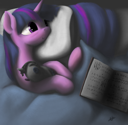 Size: 828x809 | Tagged: safe, artist:zlack3r, character:smarty pants, character:twilight sparkle, species:pony, species:unicorn, bed, book, female, gimp, mare, on back, pillow, solo