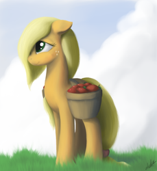 Size: 970x1058 | Tagged: safe, artist:zlack3r, character:applejack, species:earth pony, species:pony, apple, female, floppy ears, gimp, hair over one eye, mare, solo