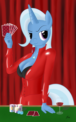 Size: 1000x1614 | Tagged: safe, artist:kasaler, character:trixie, species:anthro, species:unicorn, g4, blackjack, bra, breasts, busty trixie, card, casino, cleavage, clothing, craps, dice, die, female, hair over one eye, mare, necklace, poker, solo, underwear