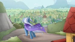 Size: 1024x576 | Tagged: safe, artist:jinzhan, character:trixie, species:pony, species:unicorn, female, mare, ponyville, scenery, solo