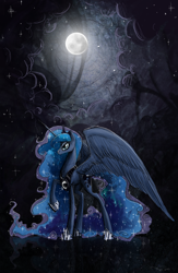 Size: 822x1263 | Tagged: safe, artist:nastylady, character:princess luna, species:alicorn, species:pony, g4, ethereal mane, female, full moon, galaxy mane, mare, moon, night, photoshop, raised hoof, sky, solo, stars